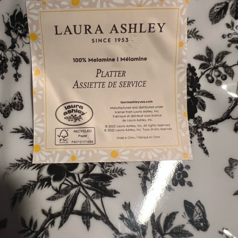 Laura Ashley Black and White Bow Melamine Floral Serving Platter Cottagecore - Picture 2 of 3